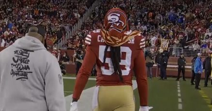 De’Vondre Campbell of the San Francisco 49ers walks off field after refusing to enter game in loss to Los Angeles Rams