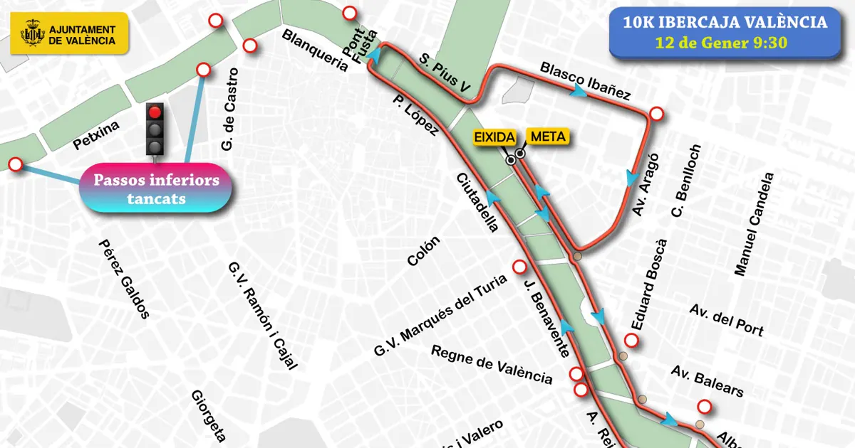 Calles cortadas y líneas de la EMT desviadas en Valencia el domingo 12 de enero por la 10K Ibercaja